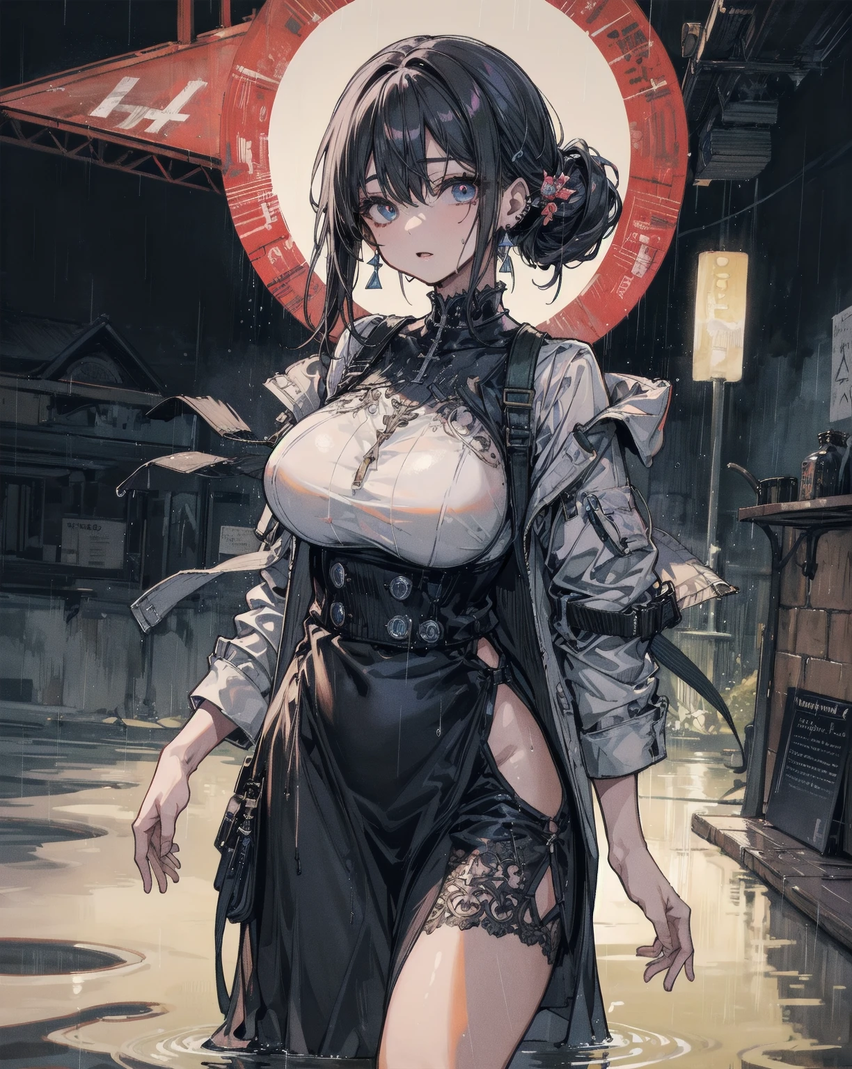 maid girl,(((1girl))),((maid girl with extremely cute and beautiful black hair)),
(large breasts:1.4),bountiful breasts,fluffy breasts,H cup bust,bust up,bulging bust top,(((black bob hair:1.35,colored inner hair,short hair,ear breathing))),((heterochromia:1.5,eye1 blue,eye2 purple,perfect eyes,upturned eyes:1.3,beautiful detailed eyes,finely detailed beautiful eyes:1,big highlight on eyes:1.2,slanted eyes)),((fat)),(((lustrous skin:1.5,bright skin: 1.5,skin tanned,shiny skin,very shiny skin,shiny body,plastic glitter skin,exaggerated shiny skin,illuminated skin,wet legs))),(spider lower abdomen,narrow waist,wide hip,athletic body,inflated legs,delicate detailed fingers,detailed body,human hands,(detailed face)),
cute,slutty,seductive,erotic,((nsfw)),
zettai ryouiki,(maid headdress),maid uniform,Headdress,(maid),sleeveless,mini skirt,boots,cleavage cutout,bare legs,clothes with a lot of lace frills,((wet clothes,detailed outfit,detailed clothes)),
(dynamic pose:1.0),solo focus,embarrassed,blush,sweat,((tears,open mouth)),moist eyes,(centered,scale to fit dimensions,Rule of thirds),
cyberpunk city by the ocean at night, with bright neon signs and dark stormy clouds and puddles,
High resolution, sharp focus, (ultra detailed, extremely detailed), (photorealistic artwork:1.37), 8k wallpaper,((synthwave background theme)),((vibrant colors)),(intricate),masterpiece,(best quality),