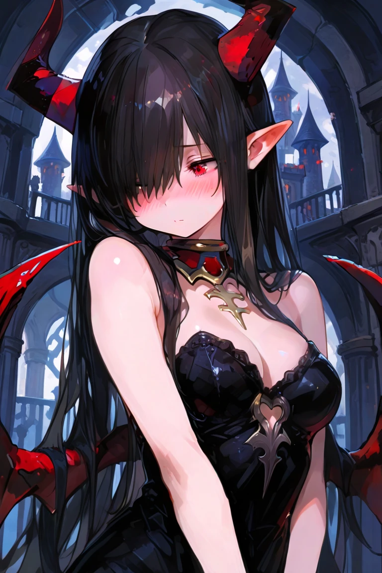 (best quality), best illustration, 1girl, beautiful detailed face, pretty_face+round_face, beautiful detailed eyes, transparent eyes, (gigantic breasts), bishoujo:1.3, perfect face, solo, extremely Detailed CG, extremely beautiful, high quality, dynamic angle, (masterpiece:1.2), (eyelashes:1.2), (red eyelashes:1.1), (eyeliner:1.2), (deep red eyes:1.2), (big eyes:1.2), narrow waist, bright skin, illustation, bangs, masterpiece, ultra-detailed,(high resolution,distinct_image), CG unity 8k wallpaper, looking at viewer, Illustration, 1girl, light layer, lustrous skin, (intricate detailed, (taut clothes, big demon wings, black succubus horn, hair ornament :1.2, (succubus tail))), from above, dark hair, very long fringe, black choker, long hair, hime cut, hair between eyes, (mature female:1.1), ((giantic breasts, huge breasts), pointy ears, wet, parted lips, seductive smile, red lips), rain, (embarrassed, sweaty), ((transparente Negligee, cleavage, squeezing breasts))