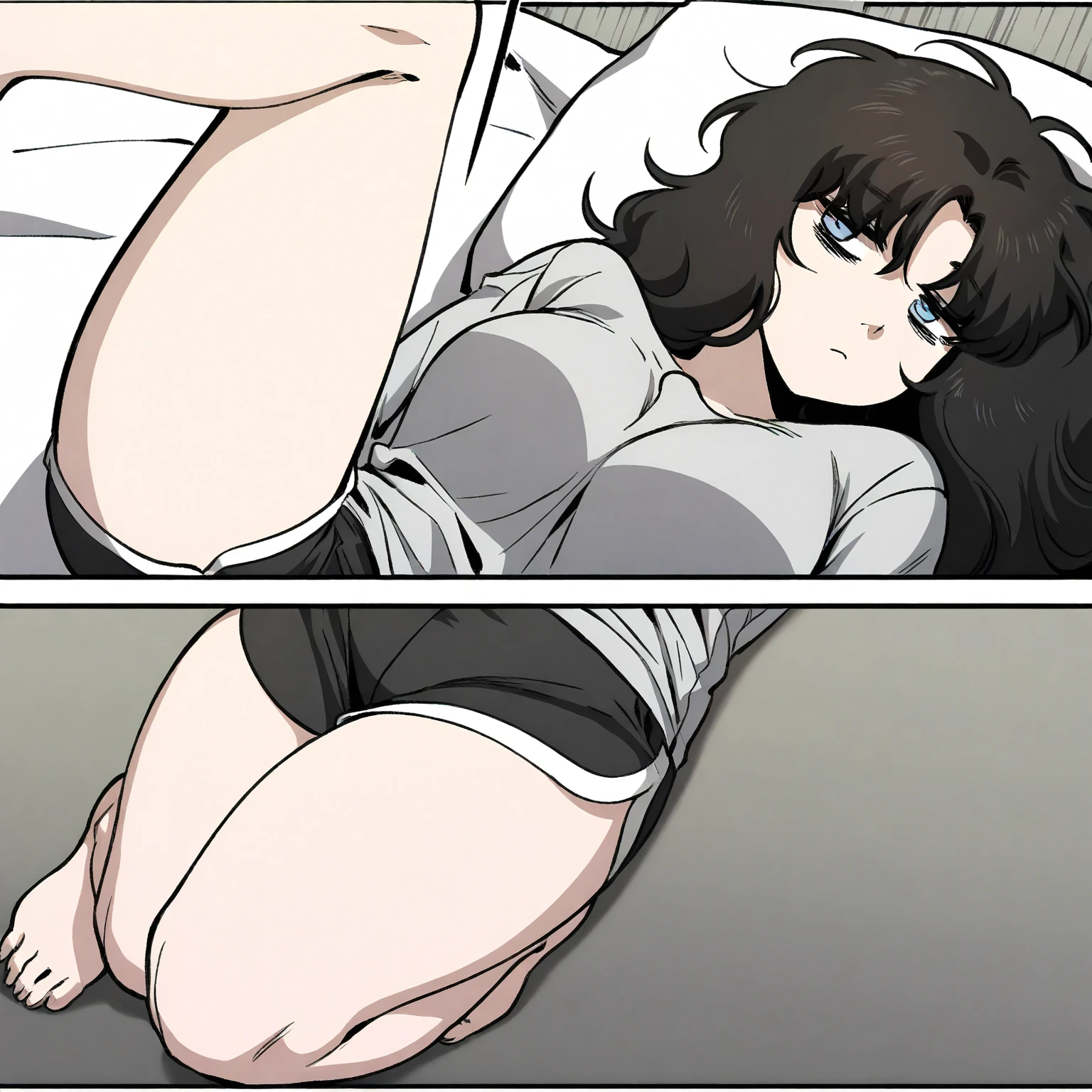 muscular brown eyes pale skin girl sad cleavage blushing frown sweaty big breasts black hair perfect quality, (((silently raped lying on her bed by an intruder))), (((assaulted by a man))), ((dark)), (((dramatic shadows))), ((cry)), ((scared)), ((she is being raped next to her sleeping husband)), ((rape action)), (((man lying sleeping next to her))), (((cameltoe pussy))), ((two men, one woman)), (((the man is holding her face with his hand over her mouth)))