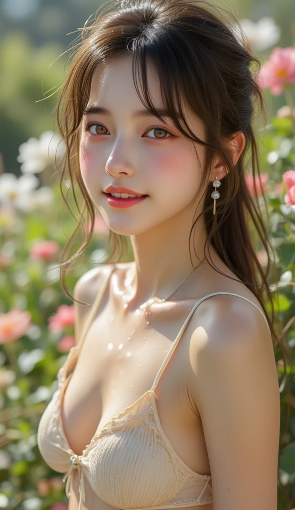 A gentle and beautiful Chinese woman, full body photo, super gorgeous knee-length dress, exquisite and sexy collarbone, charming oval face, double eyelids, vivid peach blossom eyes, pink lips, small nose, bare shoulders, focus on the face, face close-up, ultra-high-definition, ultra-detailed