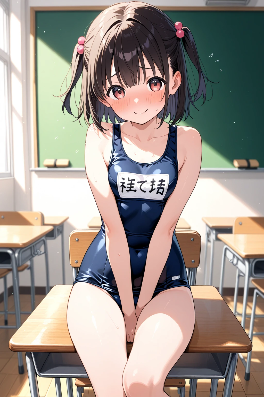 masterpiece、最high quality、High resolution、high quality、wavy mouth、Akina Mieda、akina、Sweat、tears、Tongue out、In the classroom、School Swimsuit、Wet、vagina、pussy juice、masturbation、toplesasturbation, dildo、The gaze is looking upwards、blush、Ahegao、ahegao、squatting、nsfw