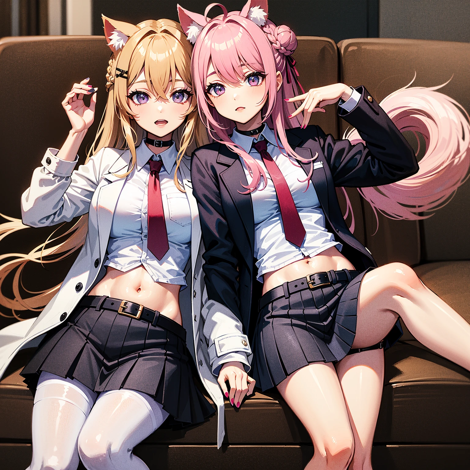 ((2 girls))、(smile:1.5)、Small breasts、(Cowboy Shot)、(fun!!)、(cardigan)、()、(blush:1.4)、Blonde、()、(Eye highlights:1.3)、Blake Black Shoes,(黒いskirt)、bow, button, shirt with collar, Long sleeve, ((red bow tie, , Black jacket, Open jacket, 茶色のcardigan, white shirt, 黒のskirt, チェック柄のskirt、white socks)),, shirt,, skirt, socks, Thighs, white shirt, Rest indoors, ((classroom:1.5))、 BREAK while watching the audience、(skirtを掴む:1.0)、 (Perfect hands, Perfect Anatomy),Cowboy Shot、(skirt lift:1.3),(Highly detailed panties:1.3)、(Highly detailed pink striped panties:1.3)、、(skirt that rolls up:1.3)、(Full-fledged panties:1.5)、Light blue eyes、Glowing Eyes、long hair