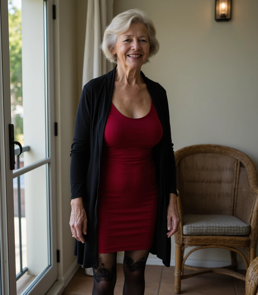 A 70 year old woman, with 1.60 centimeters, 90 kilos (gorda), gray hair, wearing prescription glasses and a low-cut red dress. She is seen in full body standing smiling discreetly in front of a bed in a dimly lit room at night. 
