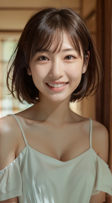 masterpiece,best quality,(Japanese ),((Beautiful girl)),cleavage,indoor,(perfect body beauty:1.2),(shy smile),beautiful teeth,