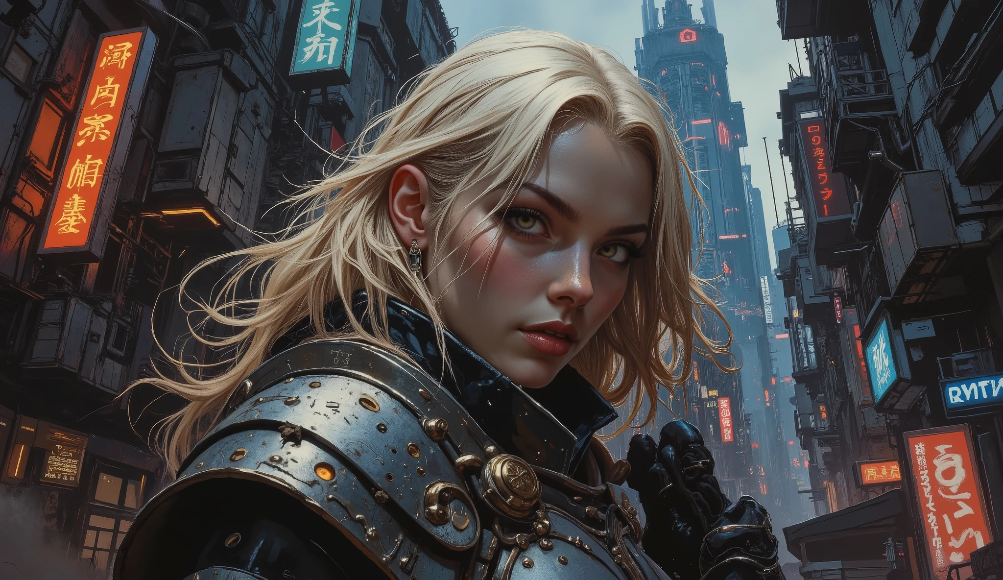 Create a striking full-body portrait of a captivating European blonde female, embodying a futuristic knight in a dark cyberpunk setting. She has long, flowing blonde hair with neon highlights and wears sleek, high-tech armor that combines elegance with mechanized precision. The background features a gritty urban landscape with towering skyscrapers and glowing neon signs, enhancing the cyberpunk aesthetic. This large canvas painting emphasizes rough textures and surfaces, showcasing fine details in her armor and the environment, while capturing an atmosphere of mystery and strength, reflecting the essence of a futuristic warrior ready for battle.