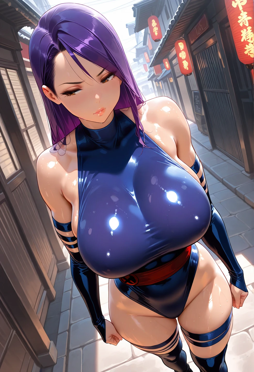 MinaMilf, very long hair, purple hair, purple eyes, curvy, anatomically correct, best quality, masterpiece, high quality, high details, highres, HD, solo, 1girl, night, blurry, city_lights, cityscape, large_breasts, blurry_background, bangs, breasts, asymmetrical_hair, ponytail, jewelry, blush, pants, solo,  swept_bangs, outdoors, jacket, city, collarbone, night_sky, looking_at_viewer, depth_of_field, hollow eyes, purple eyes, lips, expressionless, glaring eyes, upper teeth, cheek, 