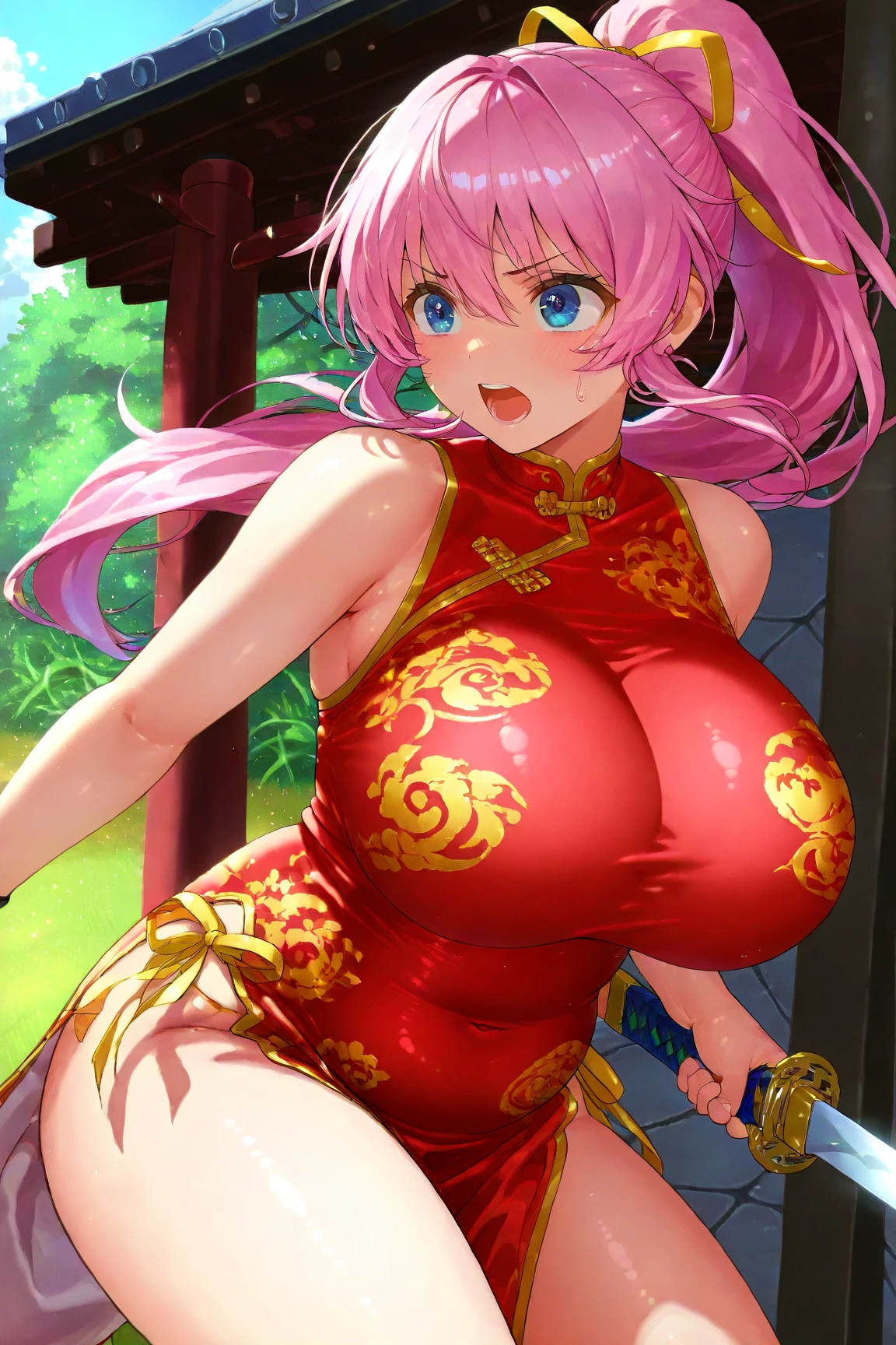 masterpiece,highest quality,(Super detailed),masterpiece,written boundary depth,perfect sentence, Detailed CG,Super detailed,(highly detailed eyes,very cute face,highly detailed face:1.3),beautiful anime girl,(solo girl:1.9),(super huge breasts:1.9),(pink hair,low twin tails:1.5),(light blue eyes:1.3),(smile full of joy:1.3),open your mouth,show viewer,break,(red cheongsam,gold embroidery:1.5),(side boob),cleavage cutout,slit,off shoulder,removable sleeve,micro mini skirt,chinese style background,break,dynamic pose,kung fu action