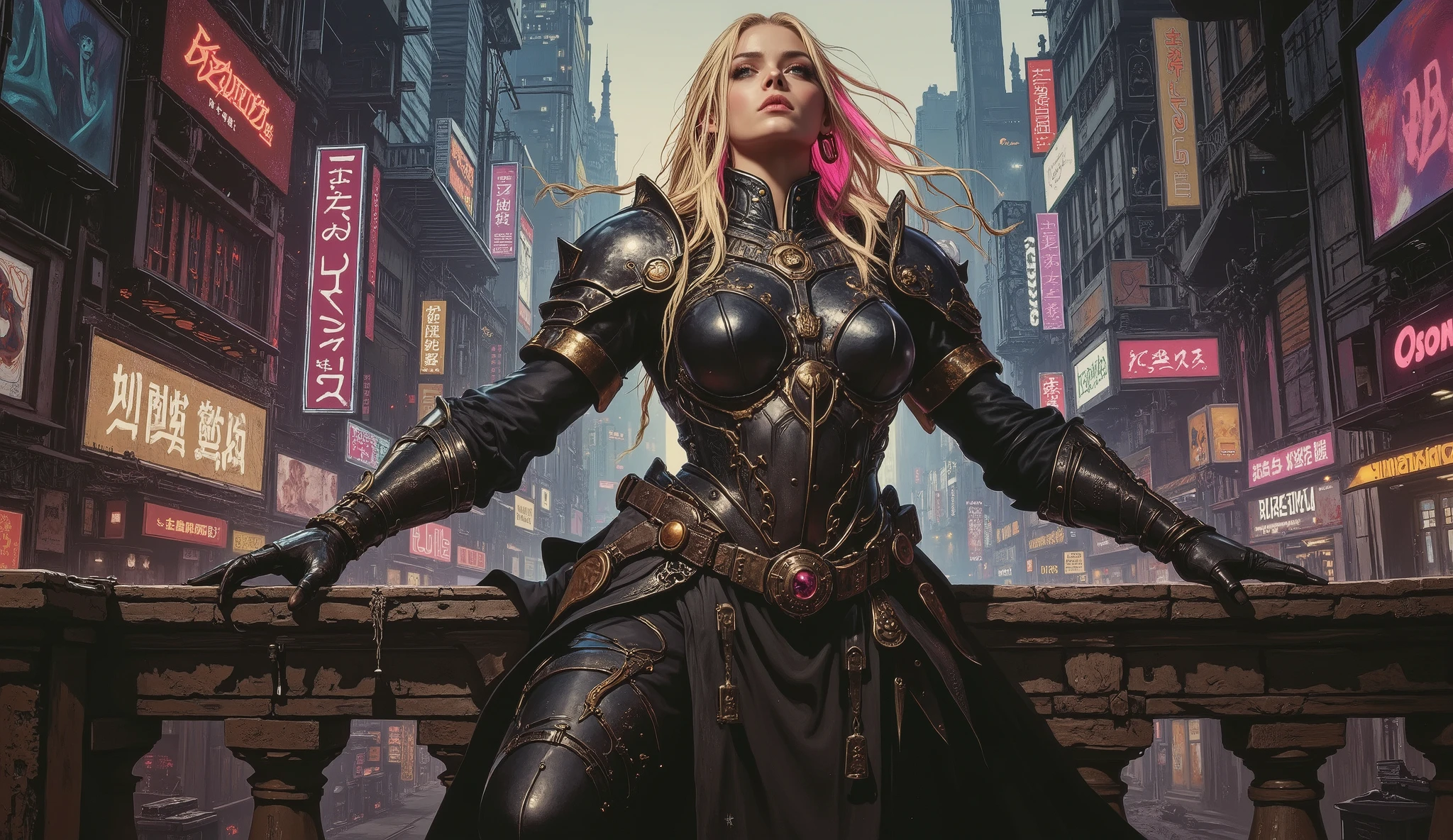 Create a striking full-body portrait of a captivating European blonde female, embodying a futuristic knight in a dark cyberpunk setting. She has long, flowing blonde hair with neon highlights and wears sleek, high-tech armor that combines elegance with mechanized precision. The background features a gritty urban landscape with towering skyscrapers and glowing neon signs, enhancing the cyberpunk aesthetic. This large canvas painting emphasizes rough textures and surfaces, showcasing fine details in her armor and the environment, while capturing an atmosphere of mystery and strength, reflecting the essence of a futuristic warrior ready for battle.