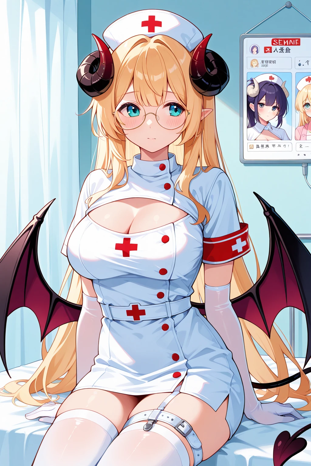 chocoyuzuki, <lora:choco yuzuki-lora-nochekaiser:1>,
choco yuzuki, aqua eyes, black horns, blonde hair, demon girl, demon horns, demon tail, demon wings, gradient hair, horn ornament, horn ring, horns, long hair, multicolored hair, pink hair, pointy ears, (swept bangs:1.5), tail, wings, colored tips, smile,
BREAK black skirt, breast tattoo, (cleavage:1.2), frilled shirt, frills, lab coat, (white labcoat:1.5), (pink shirt:1.2), shirt, skirt, tattoo,
BREAK indoors, bed,
BREAK looking at viewer, (cowboy shot:1.5), dynamic pose,
BREAK <lyco:GoodHands-beta2:1>, (masterpiece:1.2), best quality, high resolution, unity 8k wallpaper, (illustration:0.8), (beautiful detailed eyes:1.6), extremely detailed face, perfect lighting, extremely detailed CG, (perfect hands, perfect anatomy),