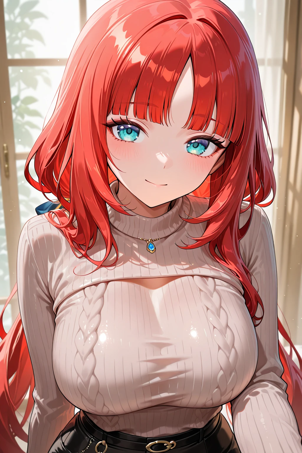 masterpiece、highest quality、High resolution、Very detailed、Close-up、Focus on the face、Beautiful eyeedium wide shot、Mature Woman、(aty, long hair, blue eyes, red hair,　Hair between the eyes、Big Breasts)、Red turtleneck sweater、Long sleeve、I&#39;m embarrassed、Grabbing the hem of the clothes with your hands、Accentuated breasts、