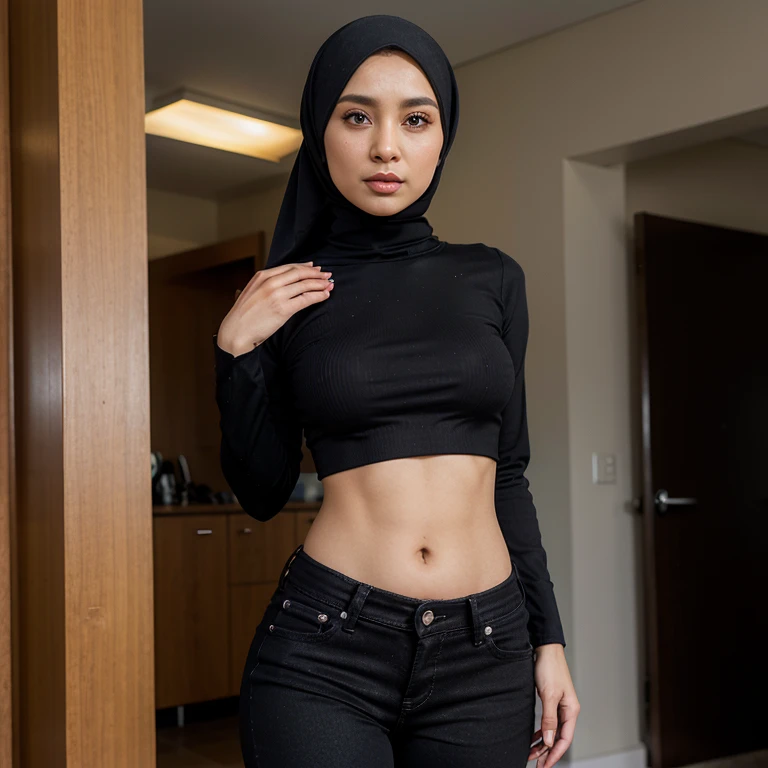 woman,((30 years old)), black hijab, beautiful face, white skin, soft smile, under pants