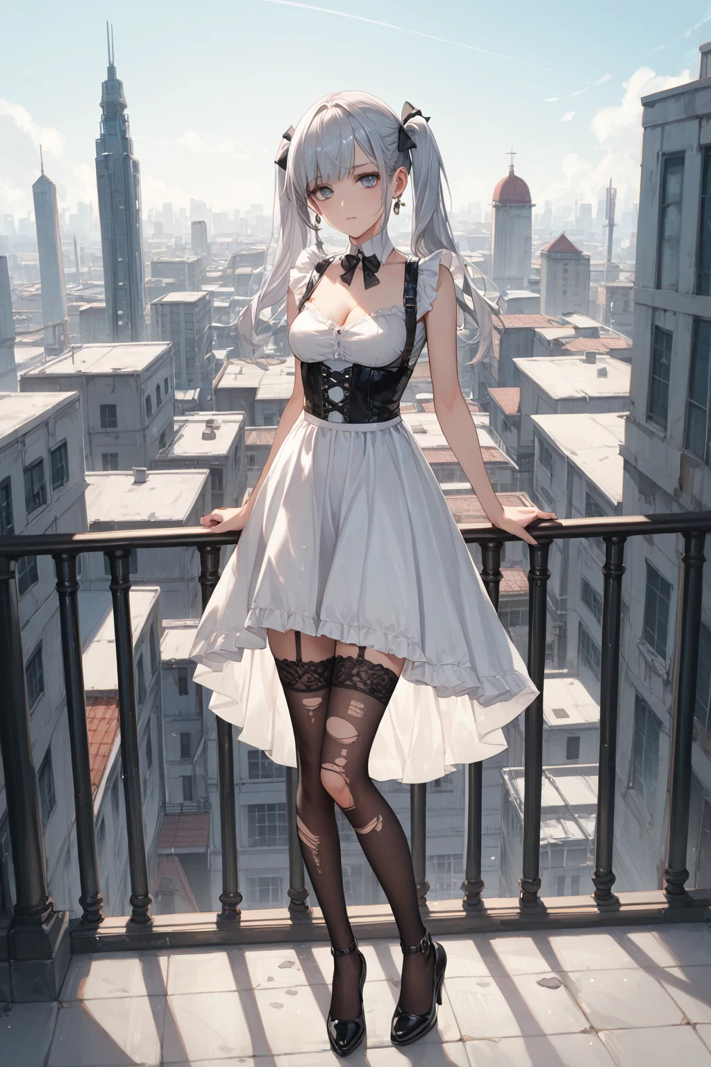 jfrsd, twintails, sidelocks, star hair ornament, twintails, sidelocks, star hair ornament, ring hair ornament, choker, frills, white dress, fingerless black gloves, white thighhighs, silver hair, full body shot, stockings, red eyes, modern apartments balcony, on balcony, standing, legs visible, high heels, low angle shot, from below, natural medium breasts, slender body, slender legs, long legs, skirt lift, panties visible, camel toe, ground camera level, turned around, sexy hips, sexy pose, The skirt is rolled up by the wind,