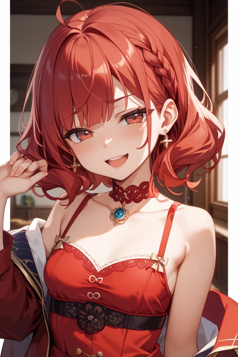 1girl, solo, small breasts, looking at viewer, smile, hair ornament, cleavage, dress, bare shoulders, jewelry, collarbone, upper body, red hair, flower, teeth, solo focus, hair flower, necklace, blurry, strapless, tattoo, depth of field, blurry background, (realistic:1.3) crowd, (in a medieval tavern:1.1), 8k, cinematic, fantasy, renatadaninsky