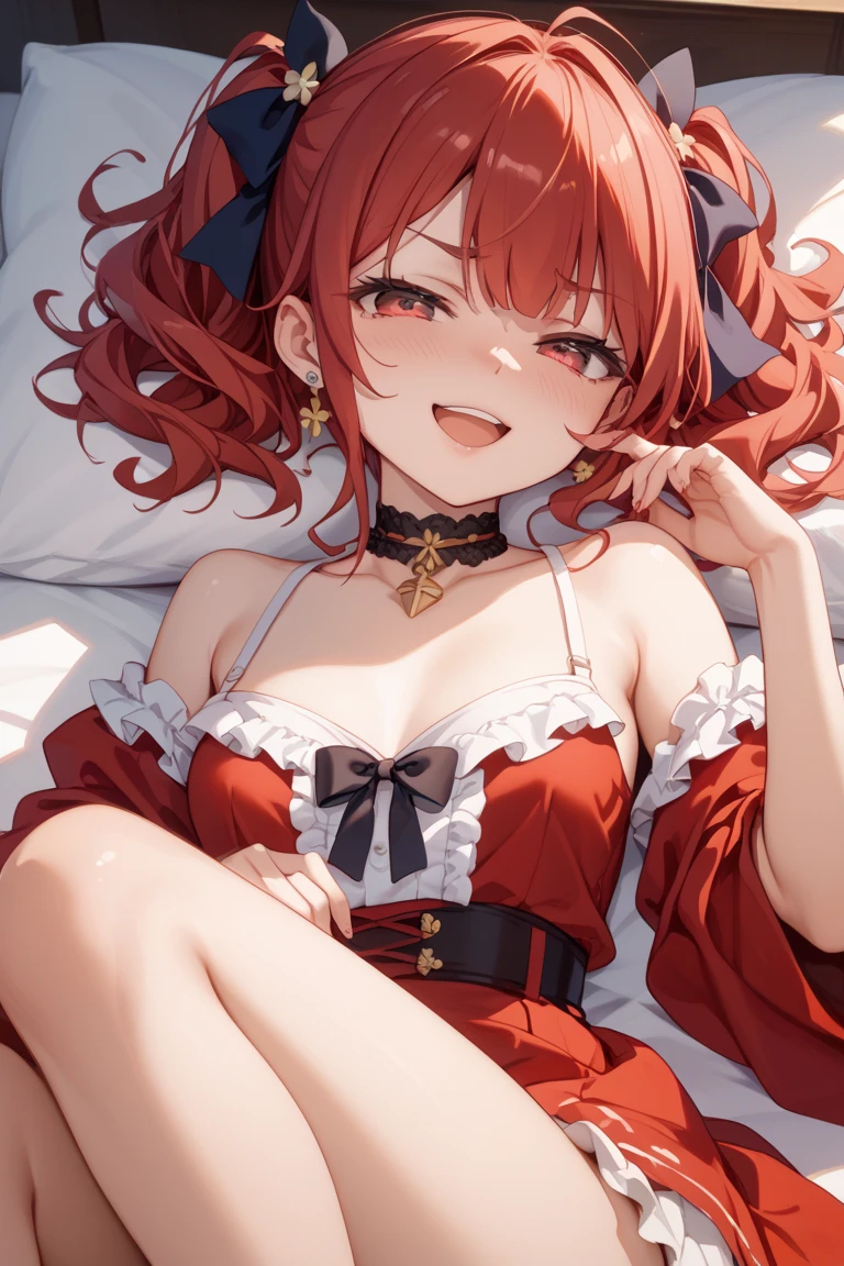 red bedroom, bed, brothel, red minimalistic underwear, blushing, happy, horny, red hair, long hair, gold jewelry, brown skin, red bedsheets, candles, facing camera, laying on bed, inviting