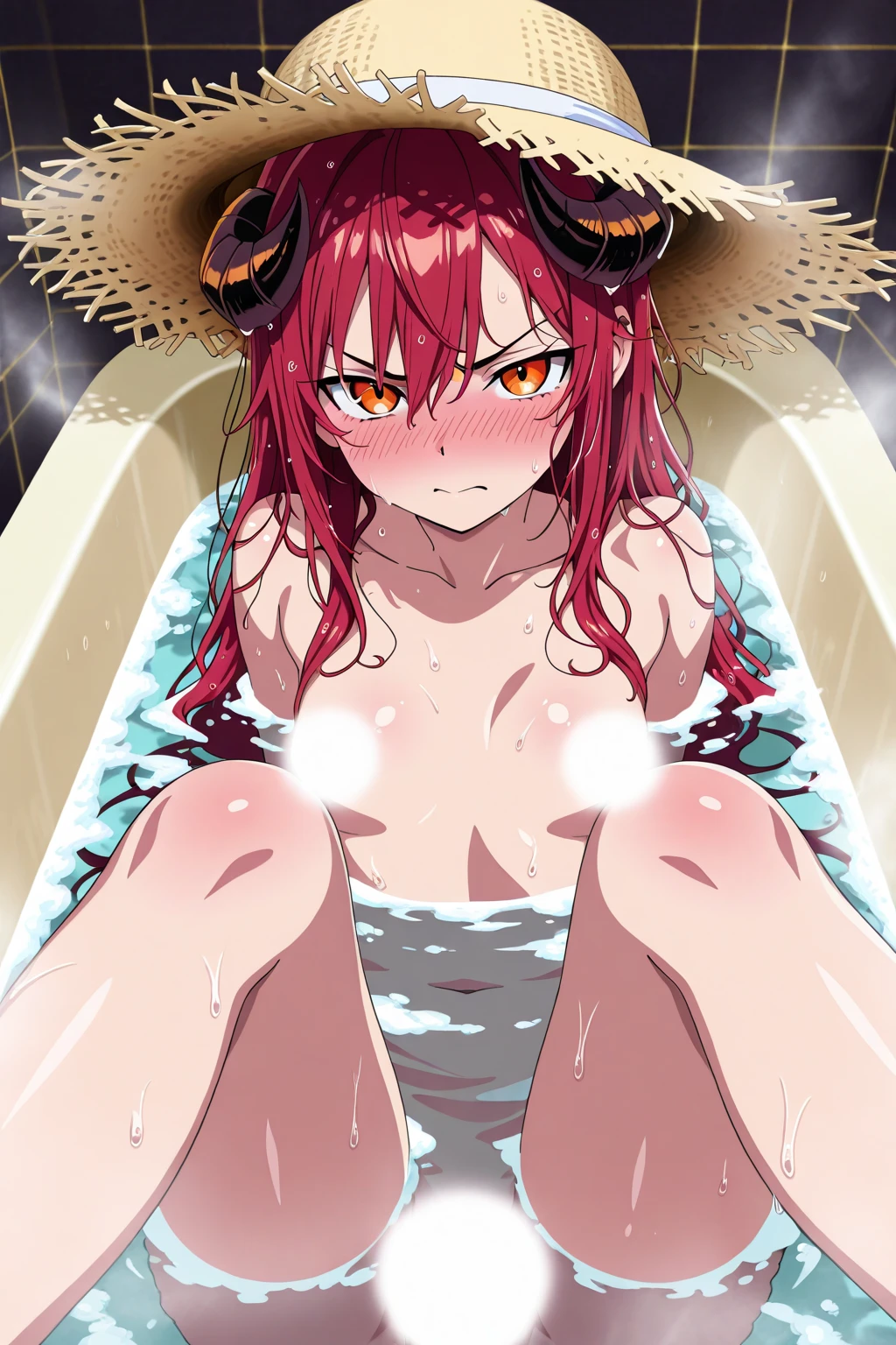 shuten douji \(fate\) , bob cut, fang, horns, purple eyes, purple hair, thick eyebrows, oni, oni horns, (completely nude:1.2), (narrowed eyes),
BREAK
(small breasts:1.5), (nipples:1.3), onsen, bathing, night, full moon, night sky, wet, steam, tokkuri, sakazuki, smile,
BREAK
(wide shot), nsfw,
