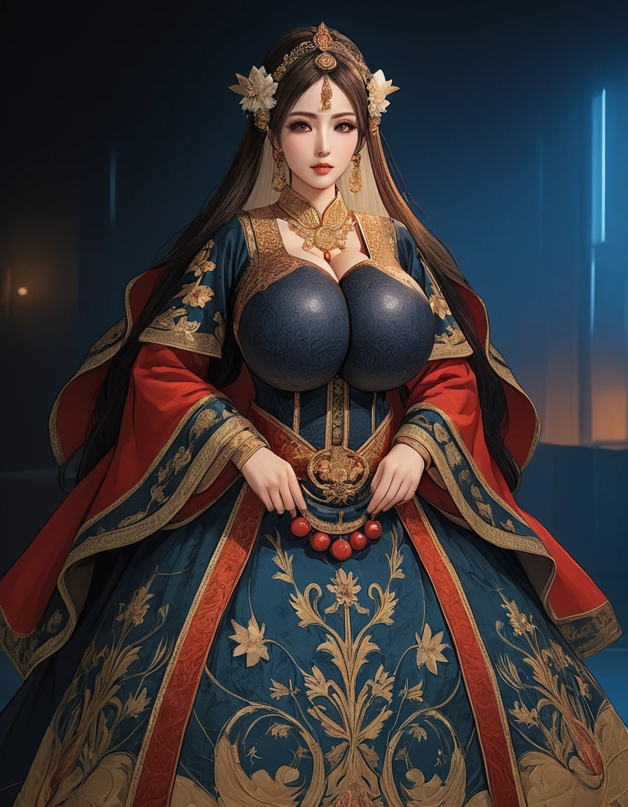 Ancient Chinese plump young women, Wearing sexy Hanfu long skirt, cleveage, Round and full breasts, The snow-white body is crying.