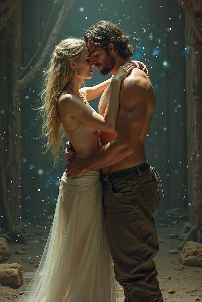 A very beautiful and attractive naked woman with curly blonde hair, blue eyes, red lips, a thin waist, wearing a white, transparent and long dress, and a naked man with black hair and a light stubble, kissing in front of a hut in the forest while it was raining.