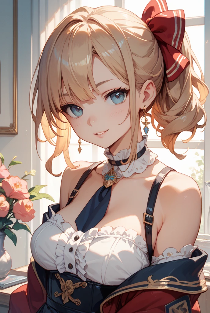 France in the 1890s。The main character of Violet Evergarden has blonde shoulder-length hair with a red ribbon.。A classical noblewoman wearing an ultramarine-colored outfit、The ribbon on her chest is white with an emerald necklace in the center.。The dress is short-sleeved、I'm wearing a long, tight shirt so the skin on my arms is completely hidden.。I have leather gloves on both hands。She has very beautiful blue eyes。In the background you can see a slightly blurred French garden.。She always looks sad and lonely。Beautiful and realistic photos.。Walking far away。She is wearing a white flared skirt.。