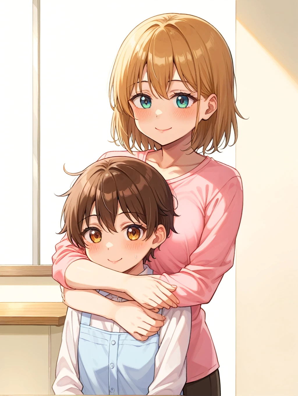 Composition from the side,1girl,1boy,face to chest,Outdoor,1girl,hug,nude,Leaning forward,smile,Brown Hair, short hair, ponytail,yellow ribbon ornament,{Flat Chest},upper body,Cleavage,Sweating profusely,Chibi,1boy,look her breast,white face,black hair,white skinned,young aged man,