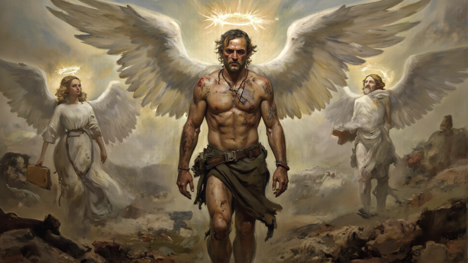 full body, (((renaissance style))) fresco, Highest accuracy，Muscular man with large white wings，Stand on the side，Shirtless，There are white streamers on the body，Lower body erection，Lower body details，Thick pubic hair，Handsome face，Short white hair，There is a faint aura on the top of the head，The background is a mythical city, Landscape，Angel ((white briefs, big bulge))), chiaroscuro mood, incredible detail, highly detailed, ultra-deta, style of Raphael and Daniel Gerhartz