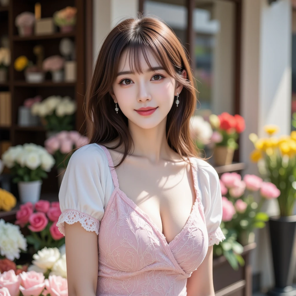 seed:381696201,((From above:1.2))、((Highest quality, 8k, masterpiece: 1.3)), concentrate: 1.2, Cute 1,The nipples are erect、 Perfect beauty: 1.4,Floral print off-shoulder blouse、Randall Color:1.1, Highly detailed face and skin textures, fine grain, double eyelid, whitening skin, ,Highest quality,Ultra-high resolution,you,1 person,alone,_Shiny_skin,iris,necklace,((brown_length_Wavy_hair)),(lips)),eyelash,Front hair,deal with,Compensate,Shiny,pore,skin texture,Large Breasts、smile、Walk in the park、