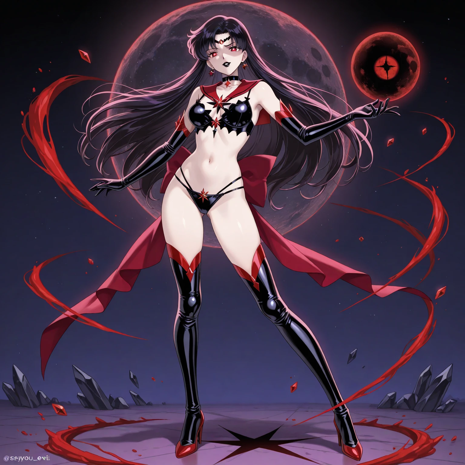 1boy, (cute boy), white male, 8k, best quality, good quality, masterpiece, ((stunning dark blue very long hair:1.2)), ((dark red inner hair:1.3)), (heterochromia), ((dark blue left eye:1.3)), ((red right eye: 1.3)), wild hair, glowing eyes, high resolution, (dark theme:1.3), (dark atmosphere:1.3), ((slim waist)), (((curvy))), ((round ass)), ((thick legs)), (small boobs), (flat chest), hair messy, (((black clothes))), androgynous, ((Big black and red armor with golden details)), femboy, (full armored), (((serious expression))), (slender), ((androgynous male warrior)), ((form-fitting midnight blue armor with silver and red accents)), ((a breastplate with crescent moon motifs)), ((sleek pauldrons)), ((delicate gauntlets)), ((high greaves)), ((the armor has a soft glow in the dark)), ((forest background)), ((blood moon)), ((red illumination from moon)), (((shadows:1.5)))