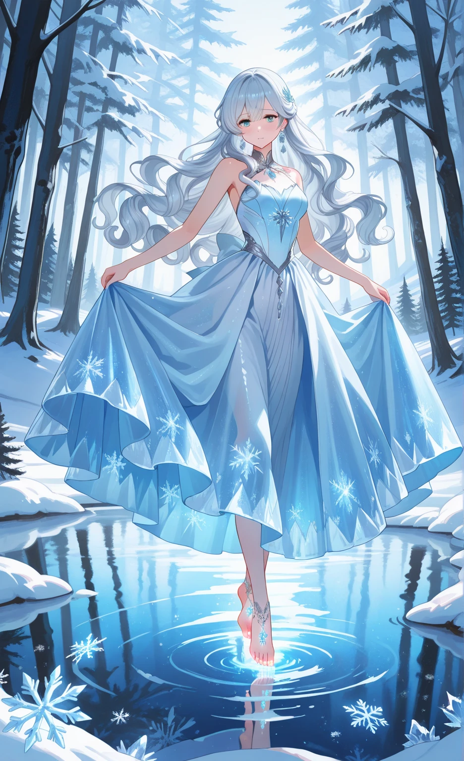 (((masterpiece))), best quality, illustration, 4k wallpaper, movie lighting, absurd, 1 girl,(snow,ice), snow花, in winter, white hair, shiny hair, curls, Transparent Clothes, decorate, lace, wet clothes, away_Shoulder, Headband,masterpiece, telephoto lens, absurd, Exquisite facial features,Record,Poster composition,strike an elegant pose,,Natural light,Soft Light,(Seven-part combination) ,epic,Fantastic and magical,mystery