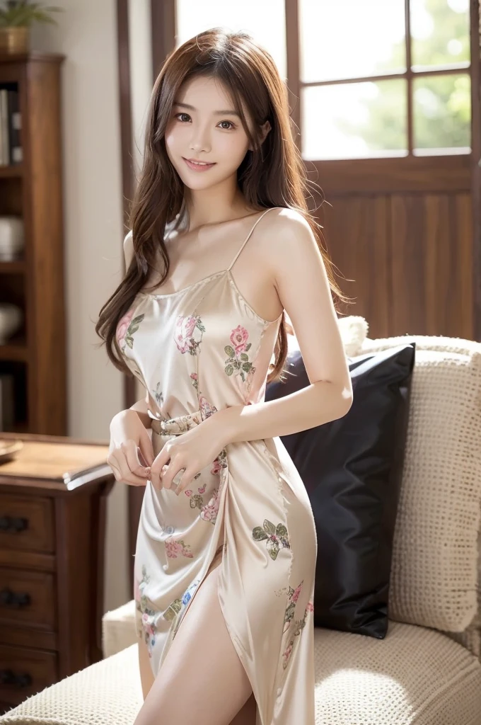 1 Japanese beautiful girl,28yo girl, Super beautiful detailed face, (smile:1.4), earrings, (black center parted semi-long straight hair),(front view), (medium shot), (chubby body), (neutral-colored large ??????),(completely nude:1.3),(hairy pussy),(nipples), ?????, BREAK, masterpiece, best quality, ultra quality, high quality, realistic, photo realistic, RAW photo, hyper detailed, intricate detaile,(bedroom:1.3),cinematic lighting, BREAK (pastel color dress with floral pattern:1.5), BREAK ((((one_breast_out:1.21)))), (breast_slip:1.21), (??????_slip:1.1), unaligned_breasts,(cleavage),