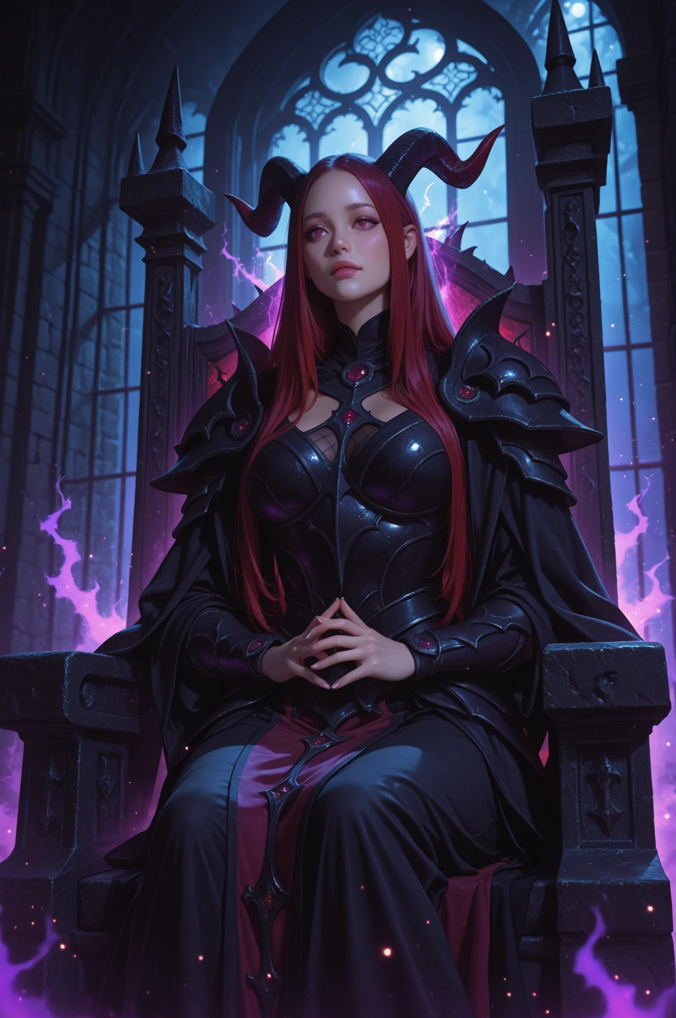 arafed woman in a black leather outfit standing in a throne, karol bak uhd, beautiful elegant demon queen, gothic fantasy art, 3 d render character art 8 k, seductive cyberpunk dark fantasy, dark fantasy style art, villainess has black angel wings, dark fantasy art, gothic fantasy, queen of the underworld, 4k fantasy art