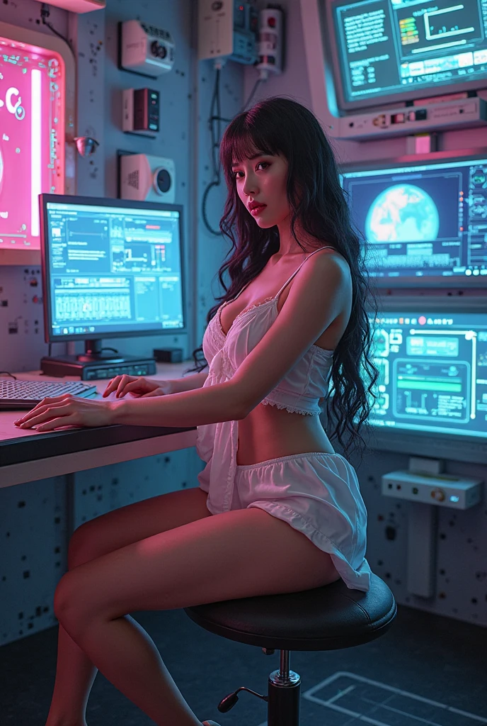 A Beautiful and cute woman, sexy and classy pretty Korean 26-year-old girl, (5'6 inches:1.0), (57kg:1.5), ((Realistic Young Sensual Gravure Idol)) ((K-Pop Idol:1.2) Very beautiful school girl,kpop idol, gravure idol, Very well-formed face, Heart-formed face, Very beautiful face, Lifelike face, (sensual sexual face expresions), semi-long brown beautiful shiny hair, Detailed eyebrows, Eyes drawn in detail with soft white skin that shines with every detail, very beautiful eyes, clear eyes, Detailed mouth, Detailed lips, shiny beautiful lips, Glossy lips, Very well-formed body, Very well-formed shoulders, Very well-formed breast, Very well-formed nipples, Very well-formed arms, Very well-formed elbows, (very well-formed femenine hands:1.5), (beautiful medium breast, beautiful nipples:1.5), ((Ultra detailed skin)), ((Very slim and sexy slender healthy body:1.5)), Very well-formed hips, Very well-formed legs, Very well-formed thighs, Very well-formed ass, (beautiful hips), (beautiful medium ass), (beautiful legs), (Seductive Hot Expression:1.5), Realistic photography, 8k, beautiful woman with long hair, beautiful body, (naked:1.5), ((Woman standing on her knees looking to the camera, hands behind her head, lust face:1.5), slim belly, sexy belly, (at her cyberpunk pink neon lights style bedroom:1.5), at night, blurry background