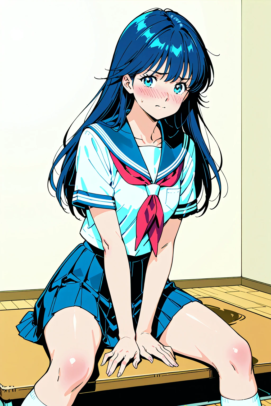 1girl, tsushima yoshiko, love live!, solo, from behind, sailor suit, dark blue collar, white shirts, short sleeve, dark blue skirt, black skirt, Blue Striped Panties, Skirts twisted by the wind, big ass, huge breasts, huge tits, huge boobs, long hair, single hair bun, looking at viewer, shy, blush, masterpiece, best quality, very aesthetic, absurdres, anime, official art, nsfw,