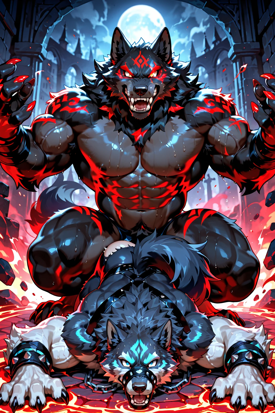 Demon, fear, monster, strong, naked, hellhound, ceobald, wolf, orc, red fur, strong, strong body, thick, giant, furry, horror monster, giant, werewolf, from hell, rape face, brutal, huge, win, torture, flame, grin, bloody, huge knife, big sword, two-handed sword, butcher, ogre, killer, demon, purgatory, flame, laugh, red eyes, handsome, nightmare, destroy town, drool, cannibalism, broken limbs, death, wailing, corpses everywhere, fire rising to the sky