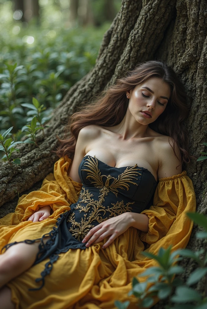 ((masterpiece, best quality, highres,ultra-detailed: 1.2), HDR, vivid colors), pov, create an adult female, clear skin, wearing a green dress, big tit, messy layered bob of long and curly brown hair, green flower crown, sensual face and pose, looking on the right. Ambient: sitting on a cut tree trunk in the forest near a river, many trees and falling leaves . Dynamic composition, motion, ultra - detailed, incredibly detailed, a lot of details, amazing fine details and brush strokes, smooth