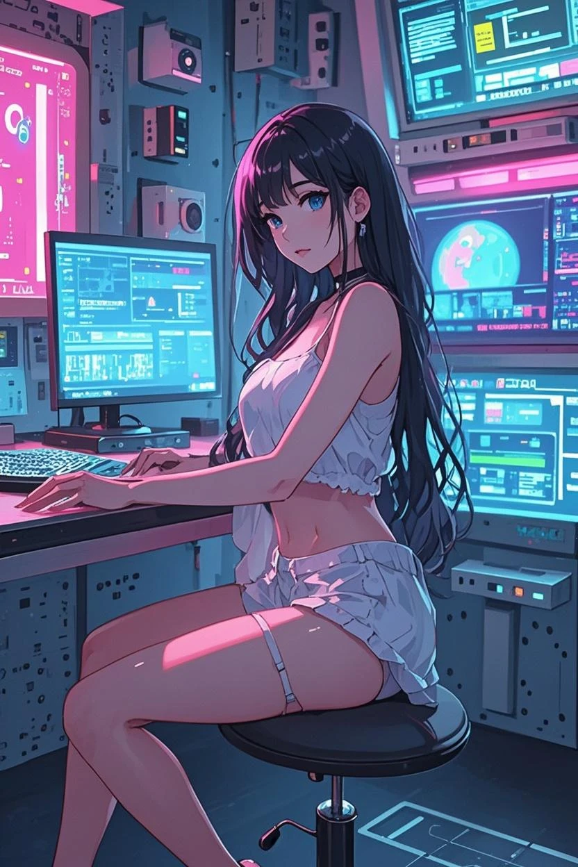 long dark hair / big tits / brown eye /  neon lights / gamer / nude