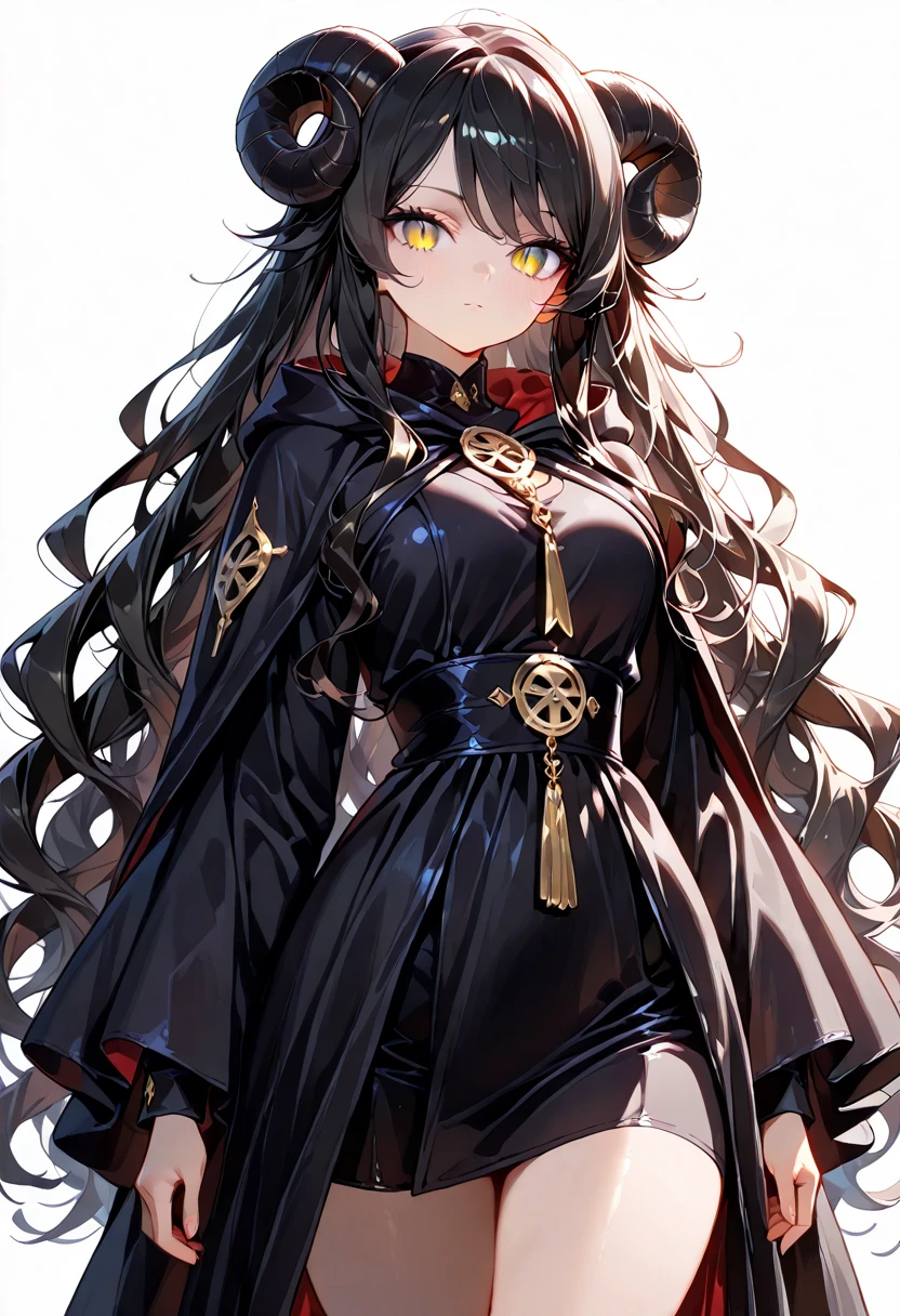 Full-body, black-haired young girl, golden eyes, angelic body, and black witch robe with a mini skirt, wield a book, wear a cloak and witch hat, sitting on the throne of golden sun, black wings, heavenly sun, and dawn background scene, the magic circle with diamond star, brave smile, stable diffusion v5, anime style v3, lora style v5, dynamic, image enhance, dream shape, vibrant, realistic face, 8k quality, upscale, sharp focus.