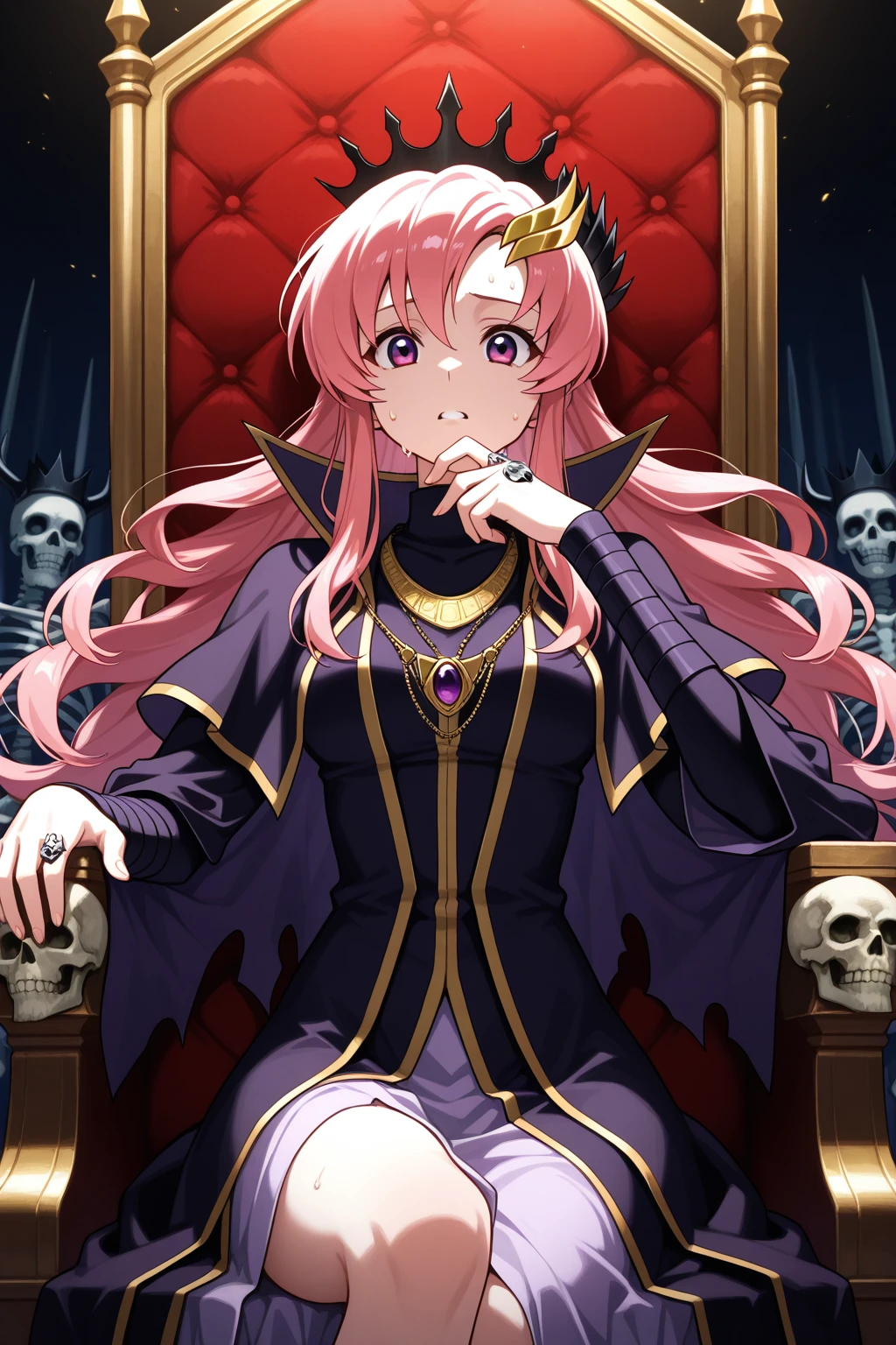 1 confident woman with floor-length pink hair, huge and big breasts, Futuristic royal costume in white with black and gold details, tall woman, blue detailed eyes, sitting on the throne of skulls , judgmental look, golden metal skulls, sovereign pose, cyberpunk queen
