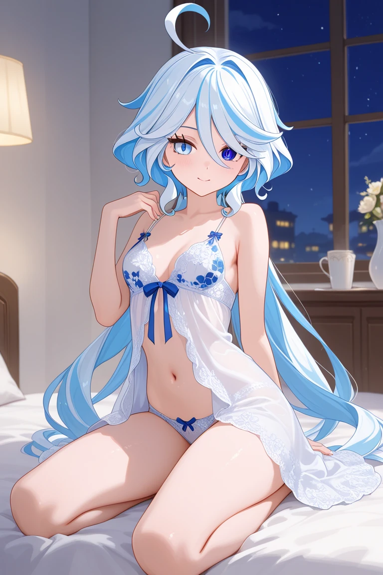 beautiful illustrations, highest quality, pretty girl, 1girl, Bedroom, pastel colour, (two-separated lingerie), cute lingerie, ), bright lighting, sky-blue eyes