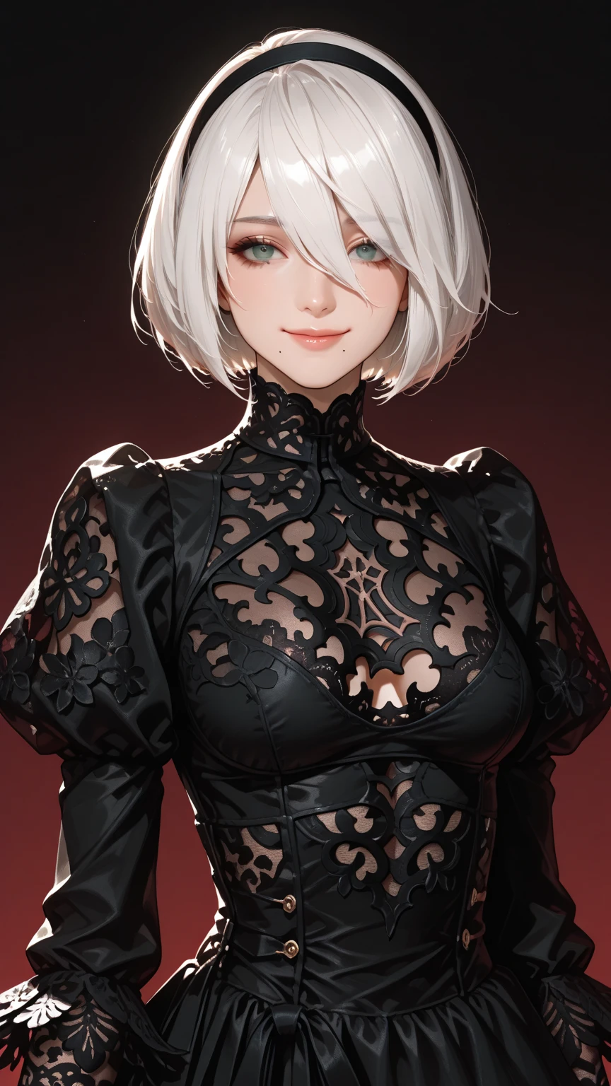 Yorha2b, masterpiece, (photorealistic: 1.4), top quality, beautiful lighting, 1 girl, mother, (blindfolded)), breasts, cleavage, hair band, hi-res, juliet sleeves, long sleeves, nier automata, red lips (puffy sleeves), shading face, short hair, solo, turtleneck, upper body, gray hair, Sky RAW Photography, 8K UHD, Film Grain