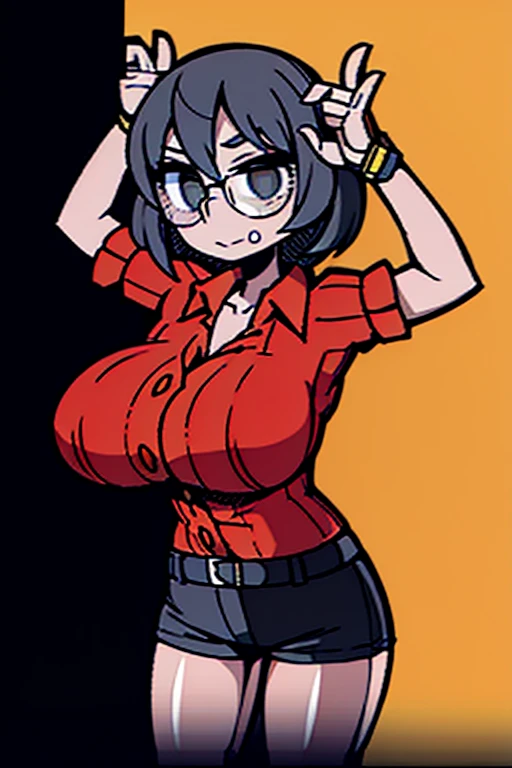 1girl,((red-framed)) (under-rim) glasses, red eyes, [forehead], asymmetrical bangs,red hair, [[short]] hair,,nose , happy,nose blush, ((looking down at viewer)), up close, slight smile, desk, ((winking))

(masterpiece:1.1), (best quality:1.1), (ultra-detailed:1.1), (illustration:1.1), nude, large breasts, topless, 