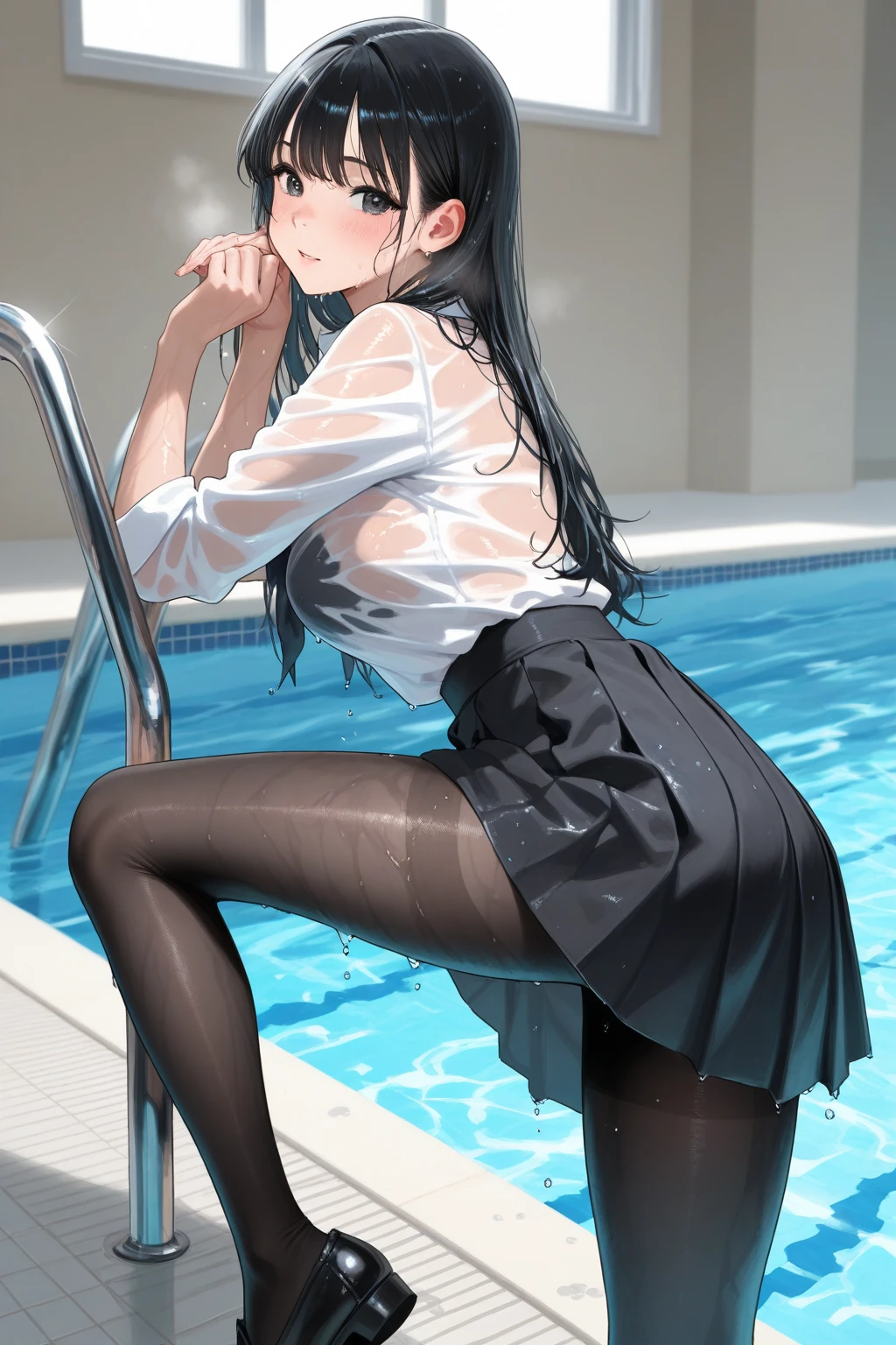best quality, ultra-detailed masterpiece, dia kurosawa, one-piece swimsuit, pantyhose,