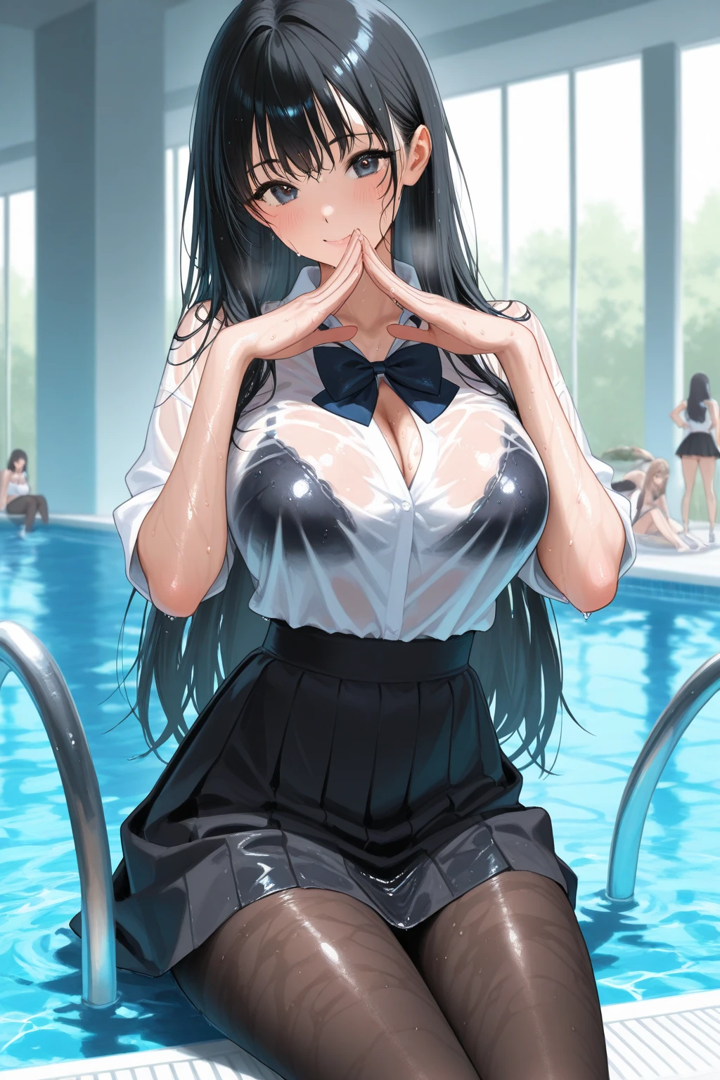 A woman wearing an open tuxedo with her breasts out in the pool