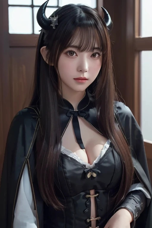 1 beautiful devil woman from hell,in the darkness nigth:1.6),Surrealist portraits of women by David Hockney and Alphonse Mucha,Fantasy art,korean-doll,photo-realism,动态照明,artstation,poster for,Volumetriclighting,Very detailed faces,perfectface,8k ultra,Award-Awarded ,Dark,deepshadow,low tune,cowboy lens,(White dress:1.4),long whitr hair,brunette color hair,A half body,Luxurious court,Royal style,Demon Crown,Red eye makeup is very sharp and detailed,The most beautiful face,big and neat breasts,hyper realisitc,chinese women's clothing,polo neck sweater,Enchanted smile,The eyes are well made up,guweiz,devil style,drak,The upper part of the body,2 bangs braids,White lace gloves,Redlip,white devil tattoo,Wearing a white lace thin robe on the shoulders,sportrait,In the snow,snow mountains,Ice Lake,snow landscape,atarctive