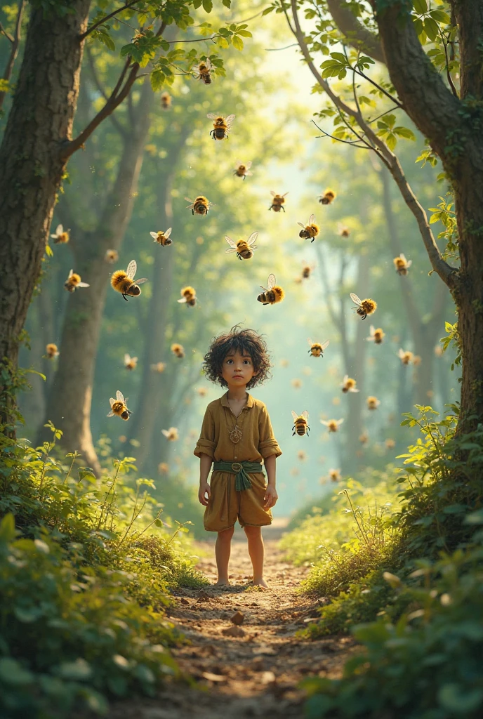Dark-skinned boy with black hair and dark eyes with a possum and three fairies