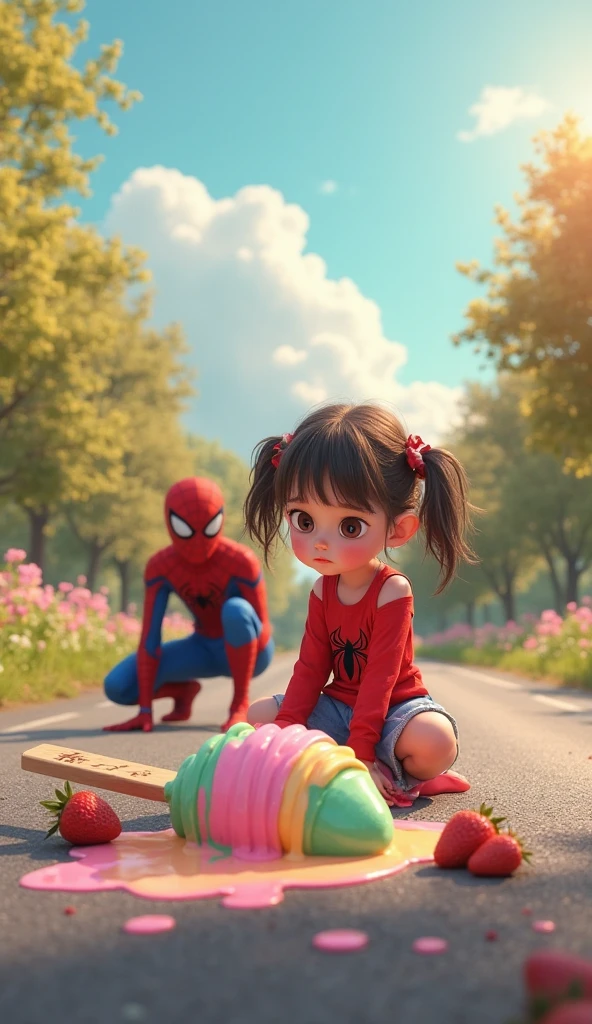 A young man with brown eyes in yellow t shirt with anger snatched the little white kitten with blue eyes with  girl with blue eyes and blue frock and girl and kitten are crying in the strawberry garden a big evil strawberry come to save girl and cat  AI image 