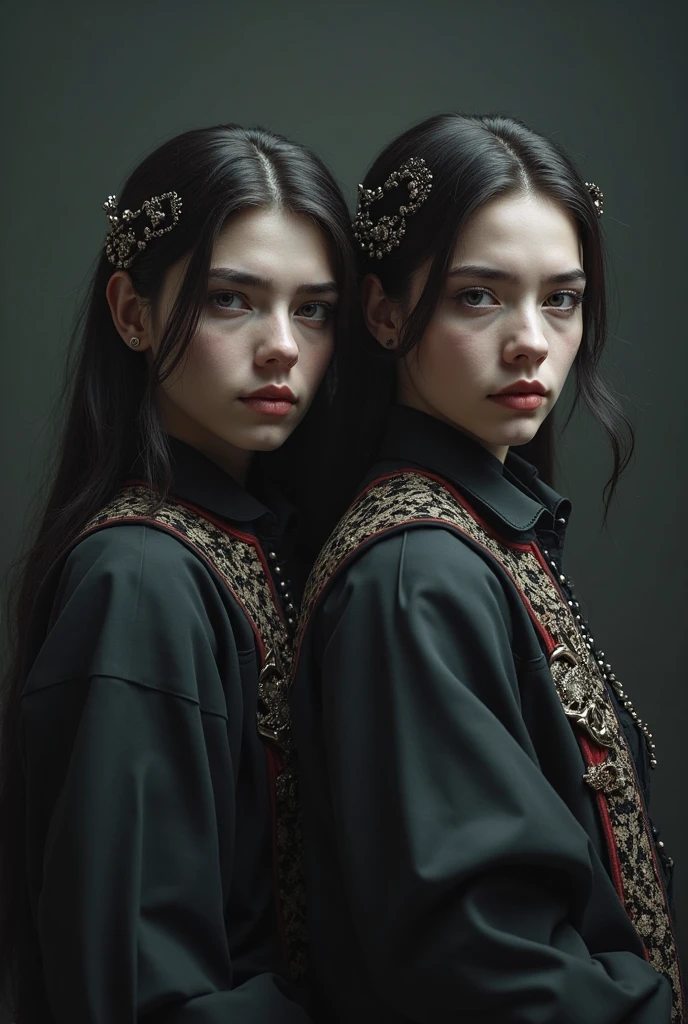 tree girls with long, black hair, wearing knee-length dresses, interacting with porcelain dolls, Lucian Freud-style painting.