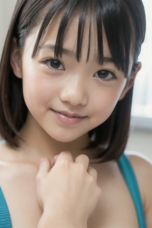highest quality, High resolution, realistic pictures, detailed skin texture, (((Cute 12 year old Japanese girl wearing a white camisole))), (flat chest:1.5), towards the camera, slim body shape, charming gaze, Fair skin, view audience, focus on face, close up of face