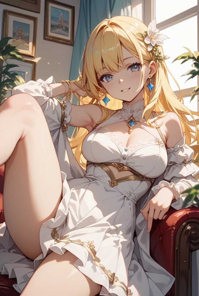 ​masterpiece、top-quality、detaile、1girl in、(a blond)、(a beauty girl)、cute little、(verd s eyes)、(Eye lashes)、(huge-breasted)、(cleavage of the breast)、(white  shirt:1.2)、(Open Shirt)、sitting in the couch、abajour、window、natta、Delicate interior design、(bbw)