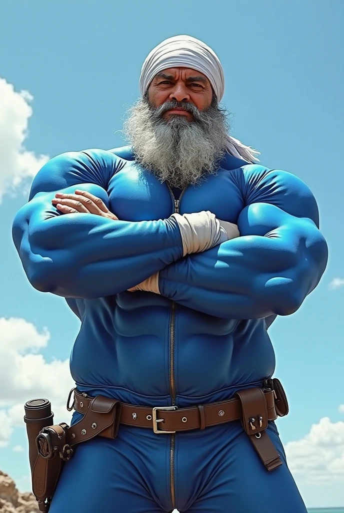 Hyperrealistic image of a smiling gray-haired bodybuilder clown superhero, very old and very sweaty, more than 80 years, very muscular and fat, more than 200 kilos with a naked torso, large and flaccid pectorals, brown nipples and big gray mustaches with huge tattooed arms on the circus ring dressed in colorful argyle pants and a huge blue afro wig on his head 