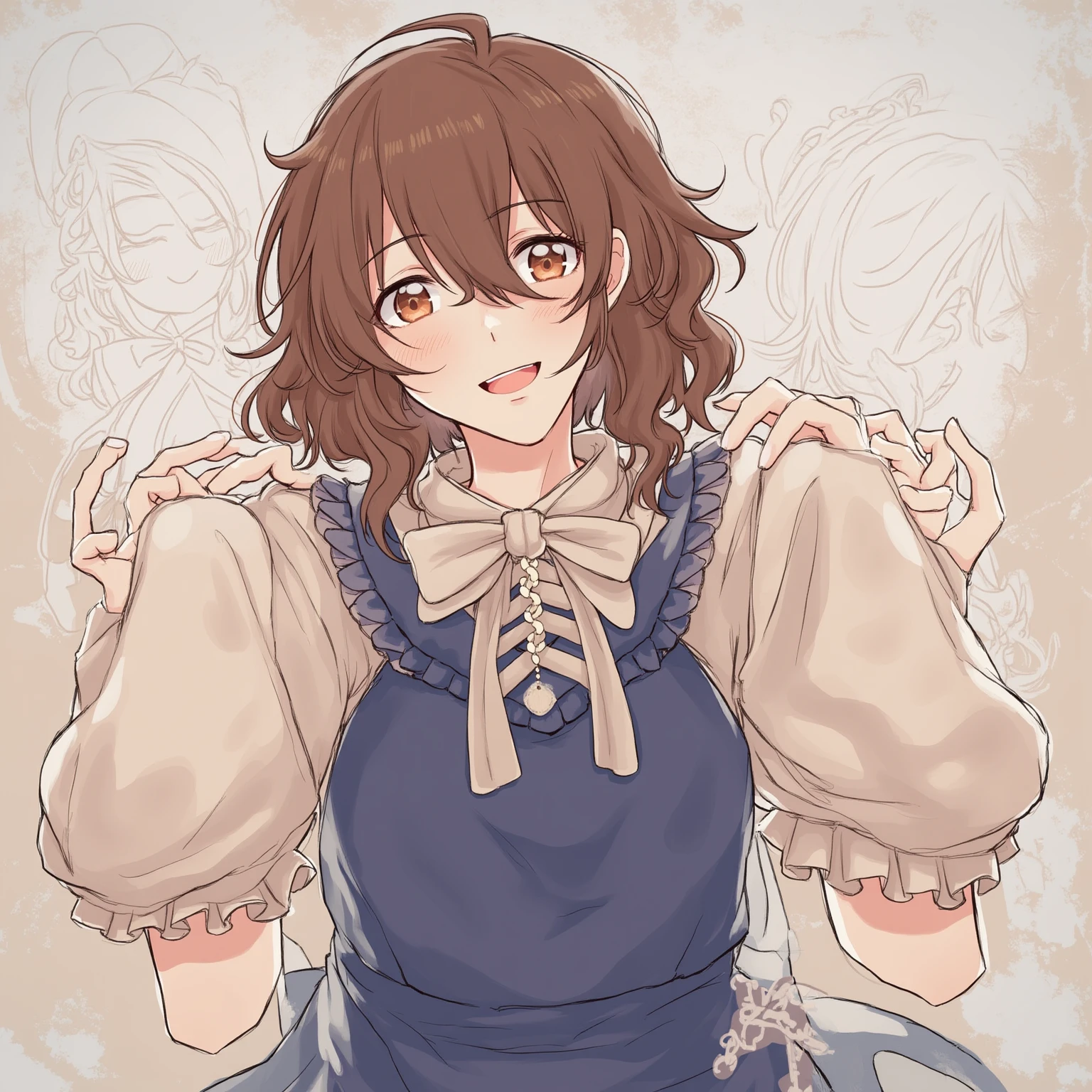 <lora:xl_tootg fairy:1>,'Tootg Fairy' is a girl with brown curly hair,yellow eyes and a wire mask,She is wearing the 'yaxian' outfit which includes brown coat orange dress white shirt,solo,<lora:xl_anya's_heh_face-000008:1.2>,comical face,smile,portrait,solo, masterpiece, best quality,