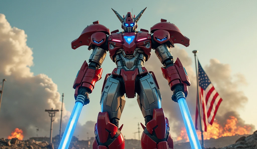 0ORAISER photo,Professional RAW color photos,(Solo man stands in front of Mobile Suit),Body color red and silver,Up,Up to detail,machine armor,Cockpit,(Armor dress),armature,thrusters,Head unit,Jointl,city ruins,detail on the backdrop,Square view,(Huge feeling)